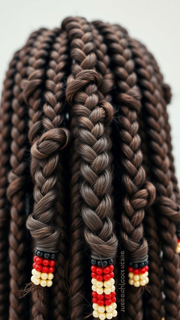 Close-up of knotless braids with colorful beaded ends