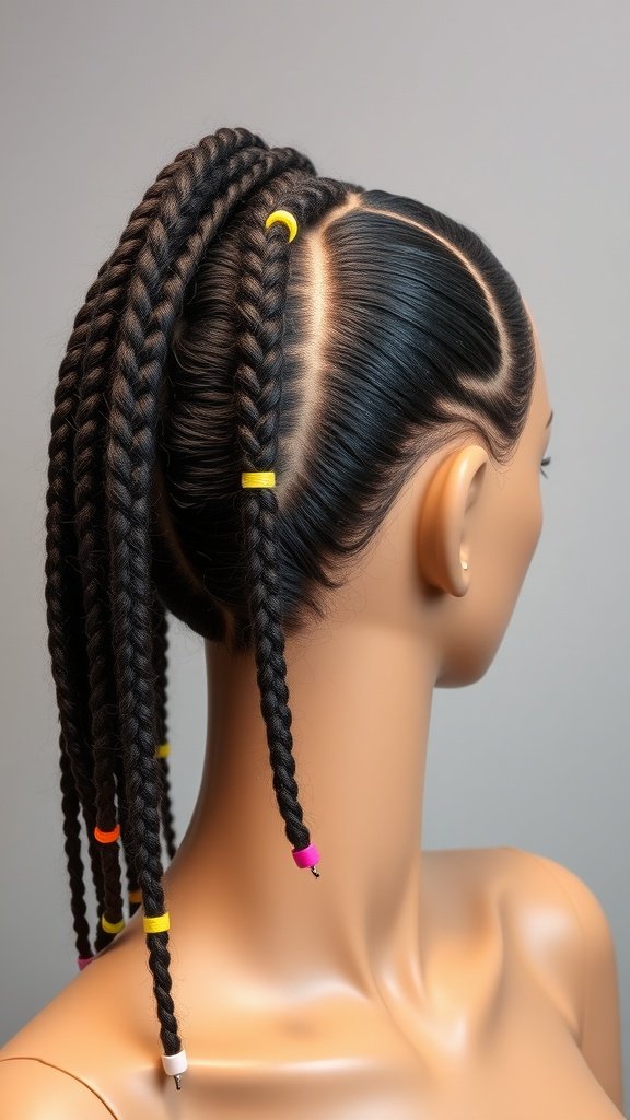 A mannequin showcasing knotless braids styled in a high ponytail with colorful beads.