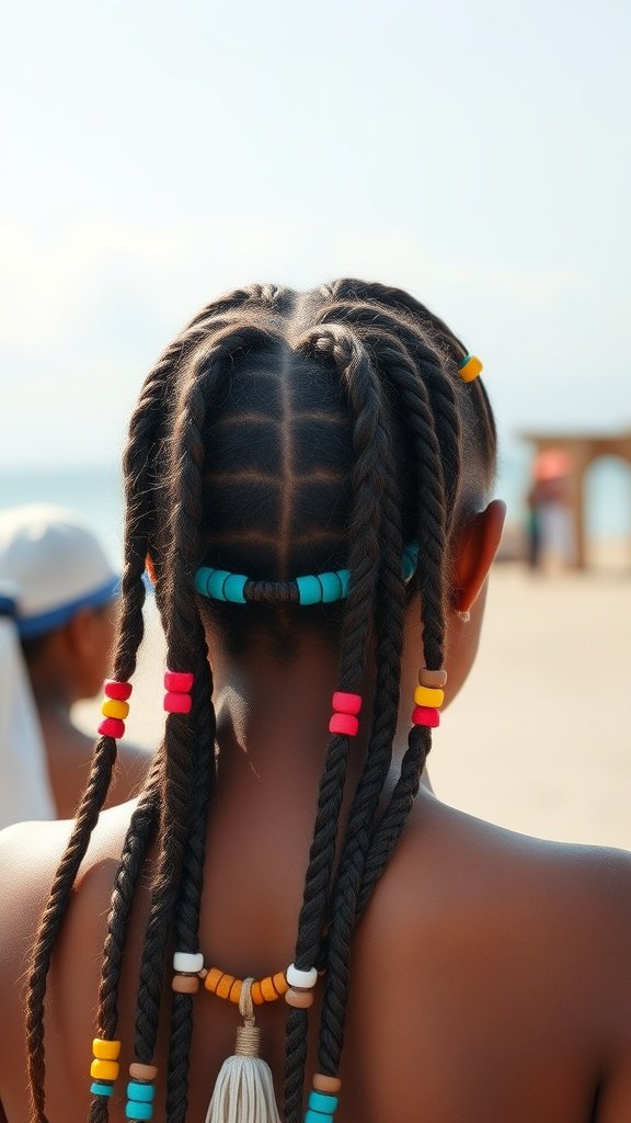 A close-up view of knotless braids with colorful beads, showcasing a stylish hairstyle.