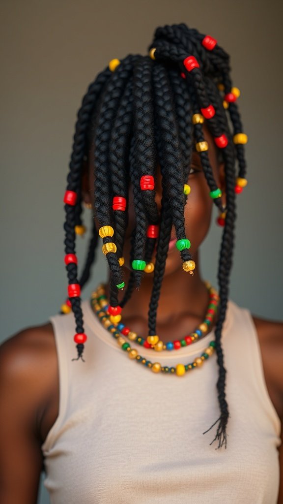 A person with knotless box braids decorated with colorful beads and layered necklaces.