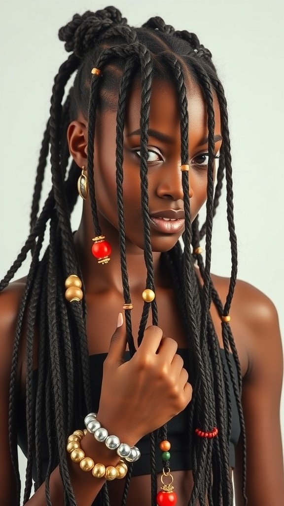A close-up of a person with knotless braids decorated with colorful beads and cuffs, showcasing a trendy hairstyle.