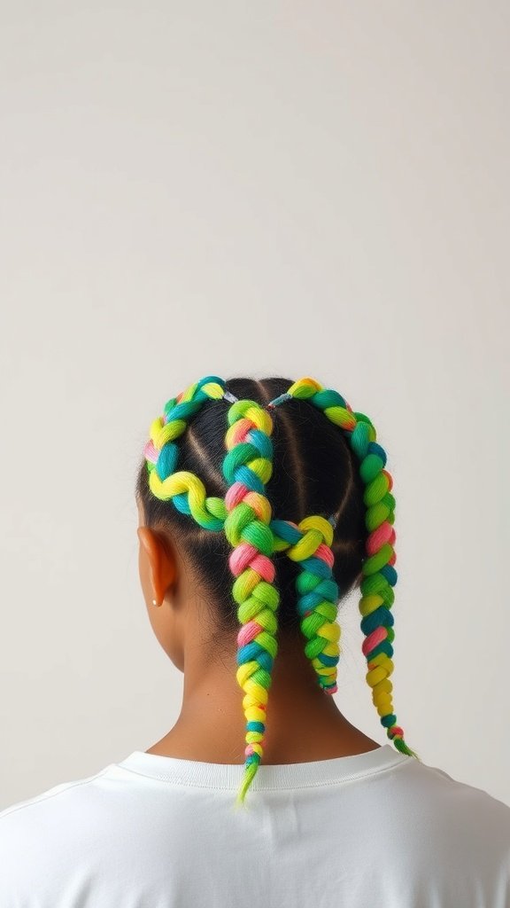 A person with colorful knotless braids in neon green, pink, and yellow.