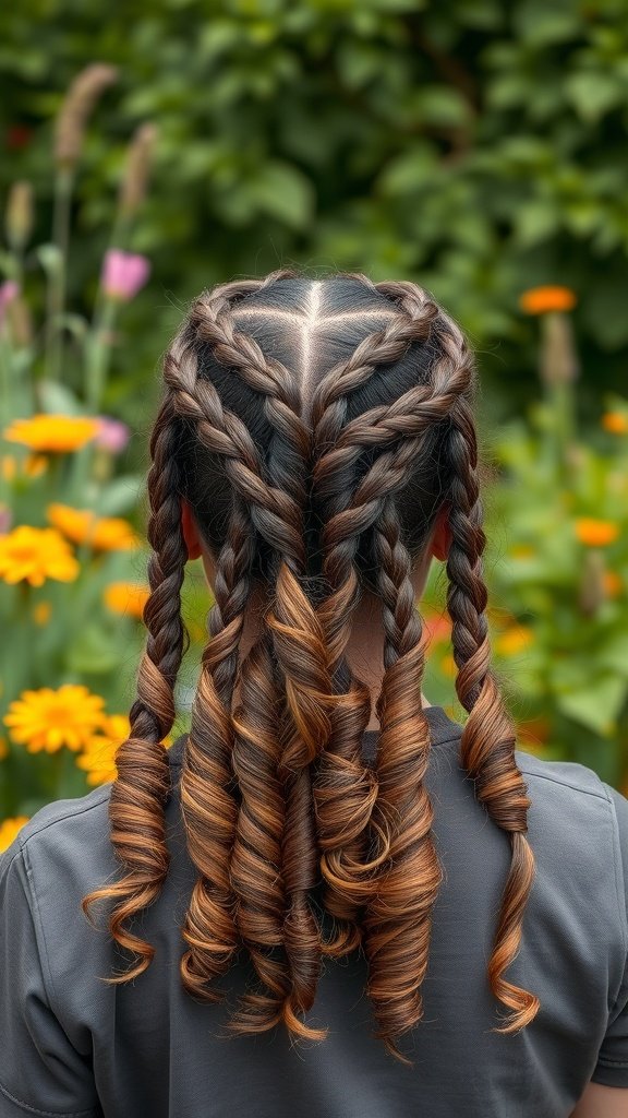 Back view of a person with knotless braids and curly ends, surrounded by flowers
