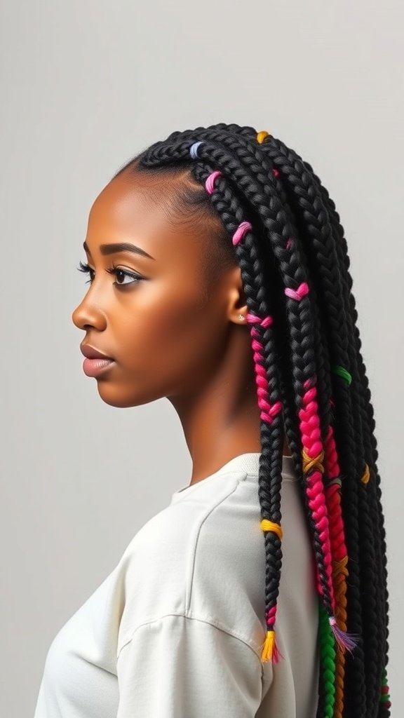 A woman with knotless braids featuring colorful ends in shades of pink, green, and yellow.