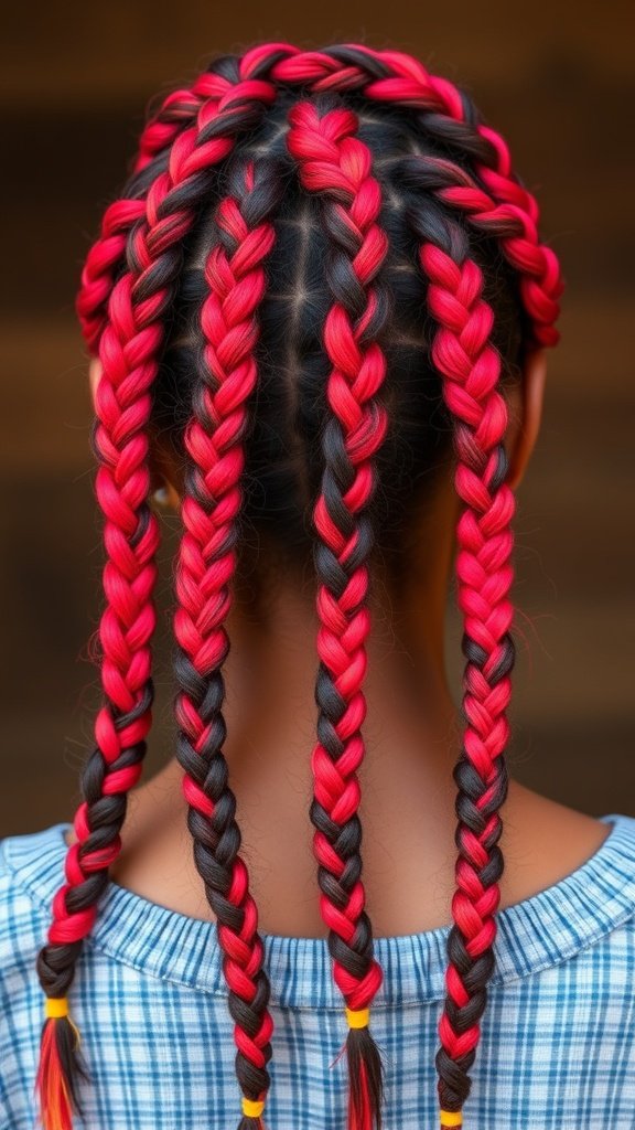 Knotless braids with red highlights styled on a person