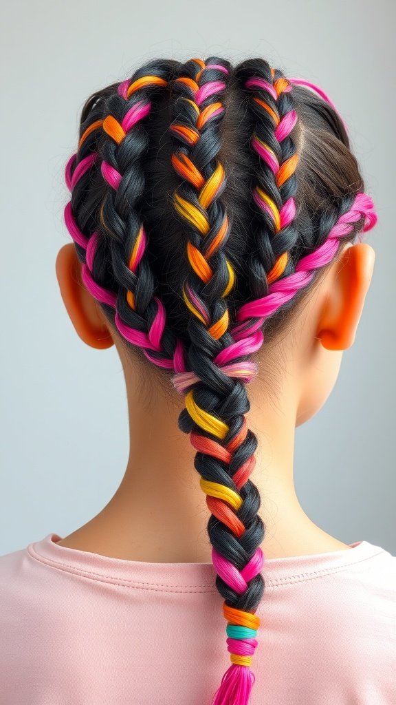 A close-up view of a person's back with medium knotless braids featuring colorful highlights in pink, orange, and yellow.