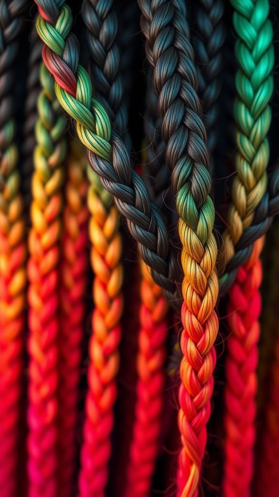 Colorful knotless braids featuring a vibrant ombre effect