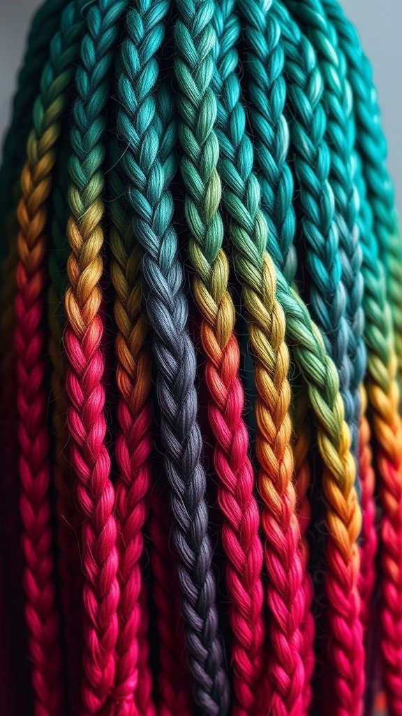Vibrant knotless braids with colorful ombre effect transitioning from teal to red.