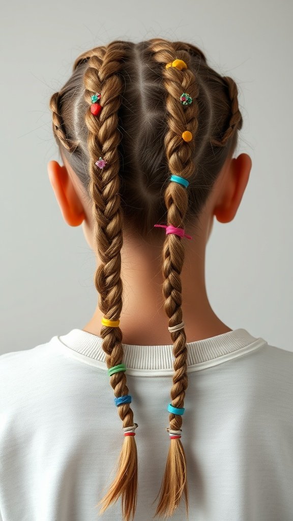 Two knotless braids with colorful rings, showcasing a playful hairstyle.