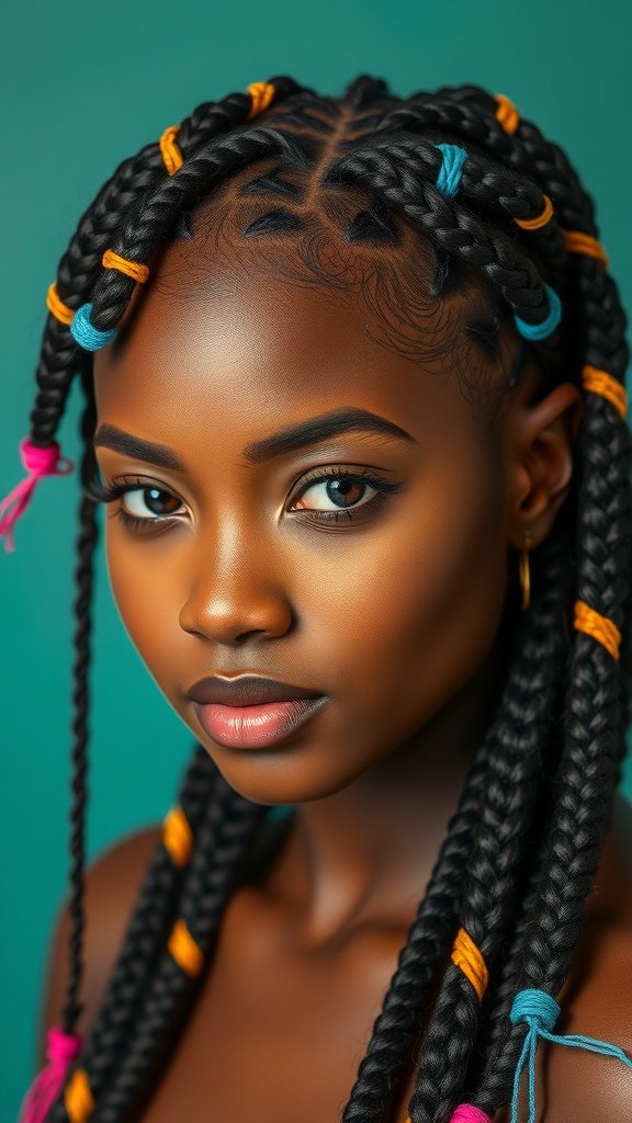 A close-up of a person with medium knotless braids adorned with colorful thread wraps.