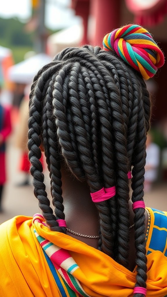 A close-up view of knotless braids with colorful wraps, showcasing a vibrant hairstyle.