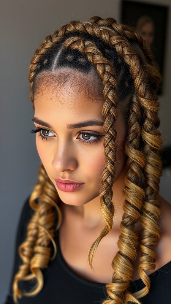 A close-up of a person with knotless braids that have curled ends, showcasing a stylish hairstyle.