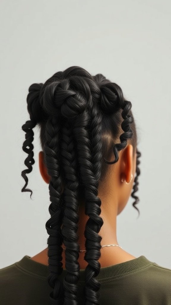 A hairstyle featuring knotless braids with curly ends styled into a high bun.
