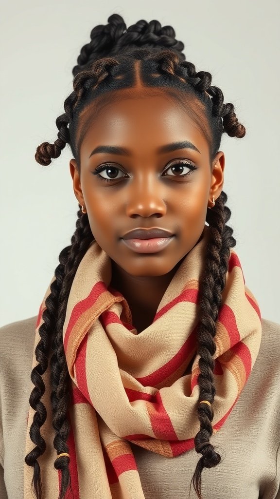 A young woman with knotless braids and curly ends, wearing a stylish scarf.