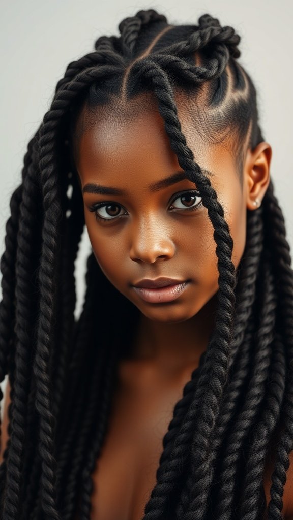 A close-up of a person with knotless braids and curly ends styled with a side part.