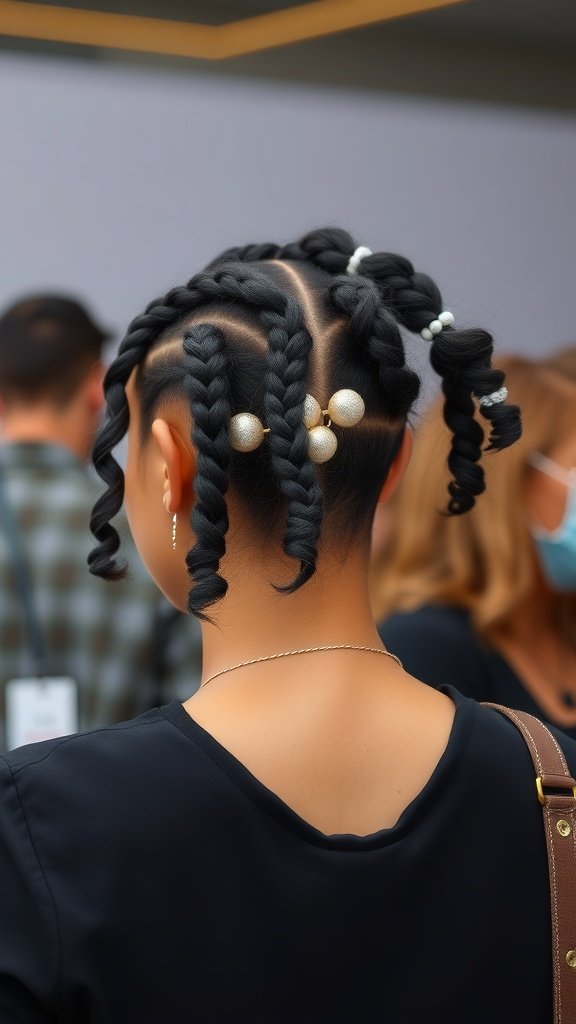 A person with knotless braids featuring curly ends and decorative accessories.