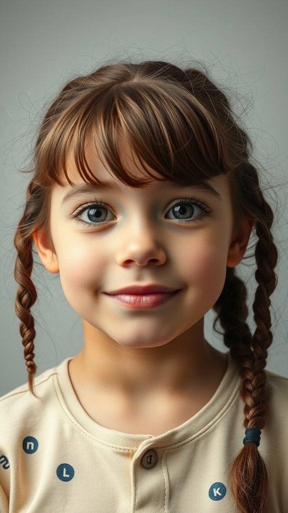 A young girl with knotless braids and curly bangs, smiling.