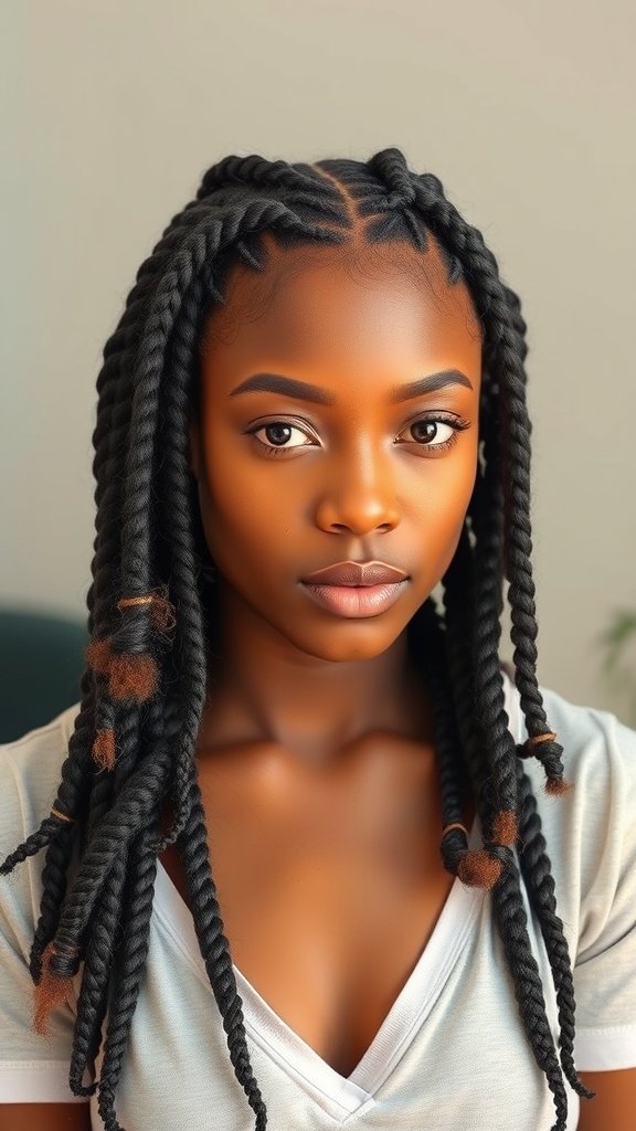 A close-up of a person with knotless braids featuring curly ends, showcasing a stylish hairstyle.