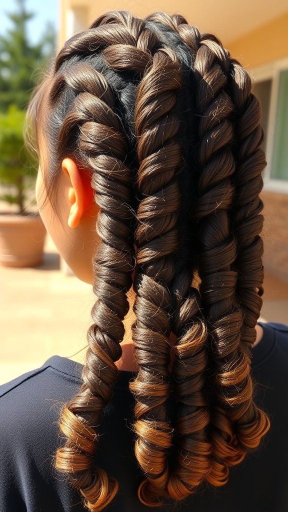 A close-up of a hairstyle featuring knotless braids with curly ends, showcasing a neat and polished look.