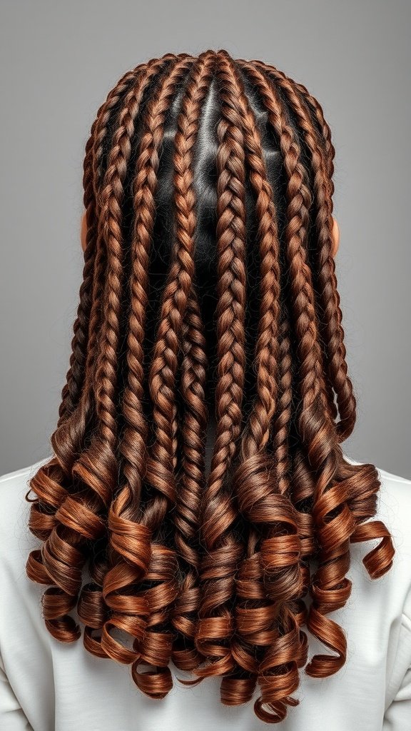 A woman with knotless braids that have curly ends, showcasing a stylish and modern hairstyle.