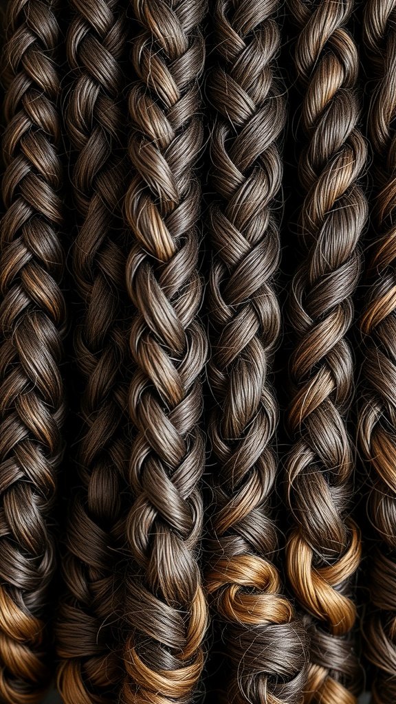 Close-up of medium knotless braids with curly ends, showcasing a blend of dark and light brown colors.