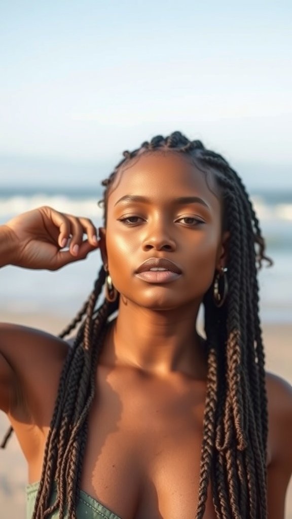 A woman with knotless braids and curly ends, posing confidently at the beach.