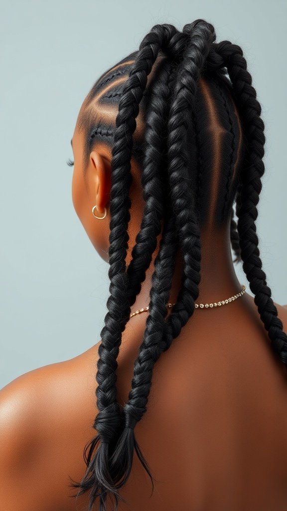 A close-up view of knotless box braids with curly ends, showcasing a neat and stylish hairstyle.