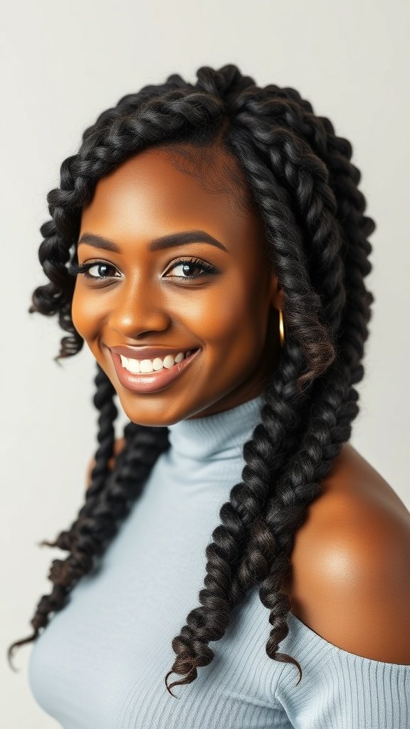 A woman with knotless braids featuring curly ends, smiling and showcasing her hairstyle.