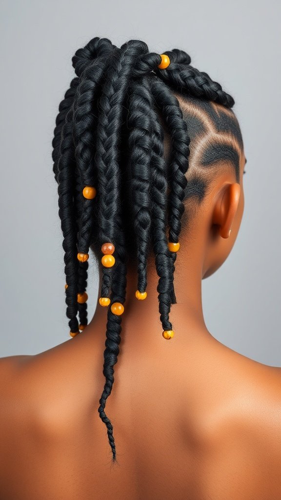 A close-up view of knotless braids with curly ends and colorful beads.