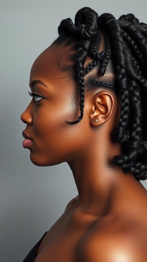 A profile view of a woman with knotless braids styled into curly ends, showcasing a sleek and dramatic hairstyle.
