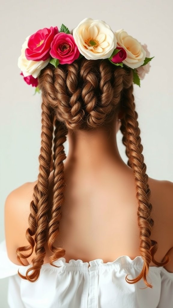 A model with knotless braids and curly ends, adorned with a floral crown.
