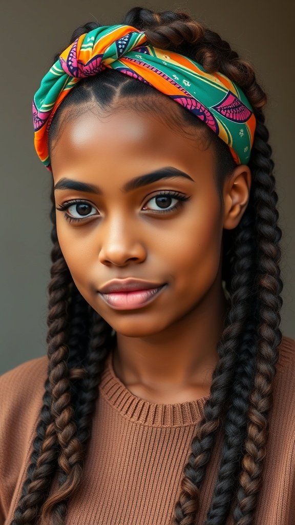 A young woman with knotless braids and curly ends, wearing a colorful headband.