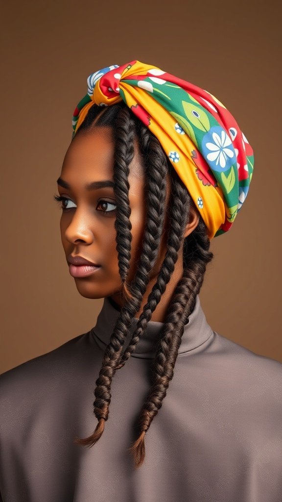 A model with knotless braids with curly ends, wearing a colorful headscarf.