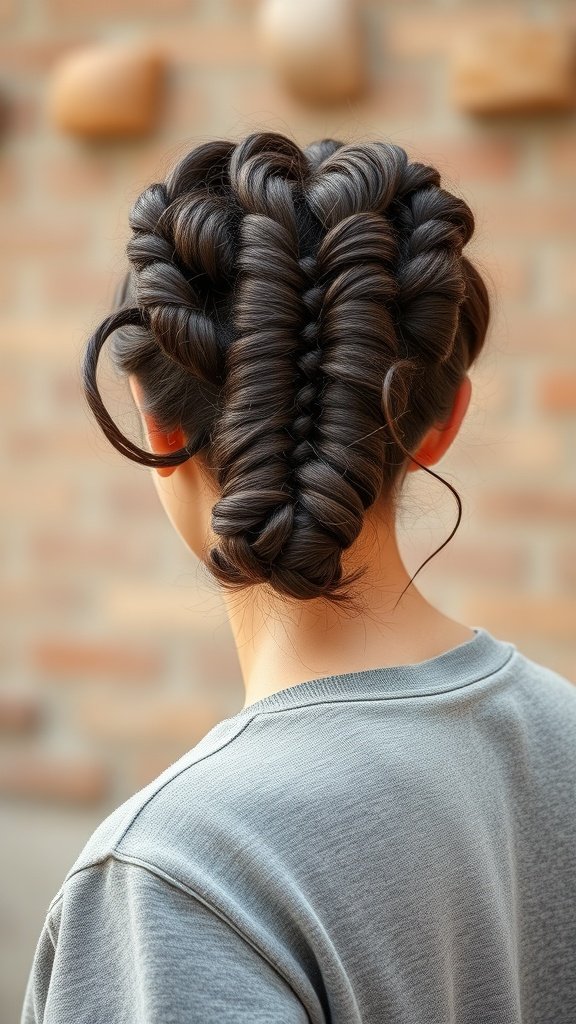 A person with knotless braids styled into a low bun with curly ends.