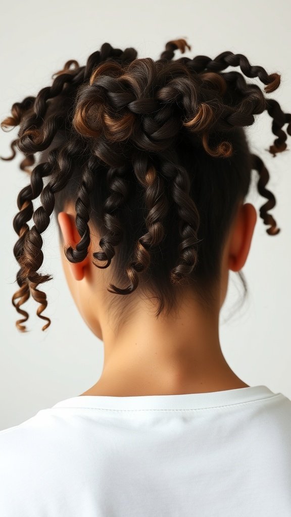 A person with knotless braids styled in a messy bun with curly ends.