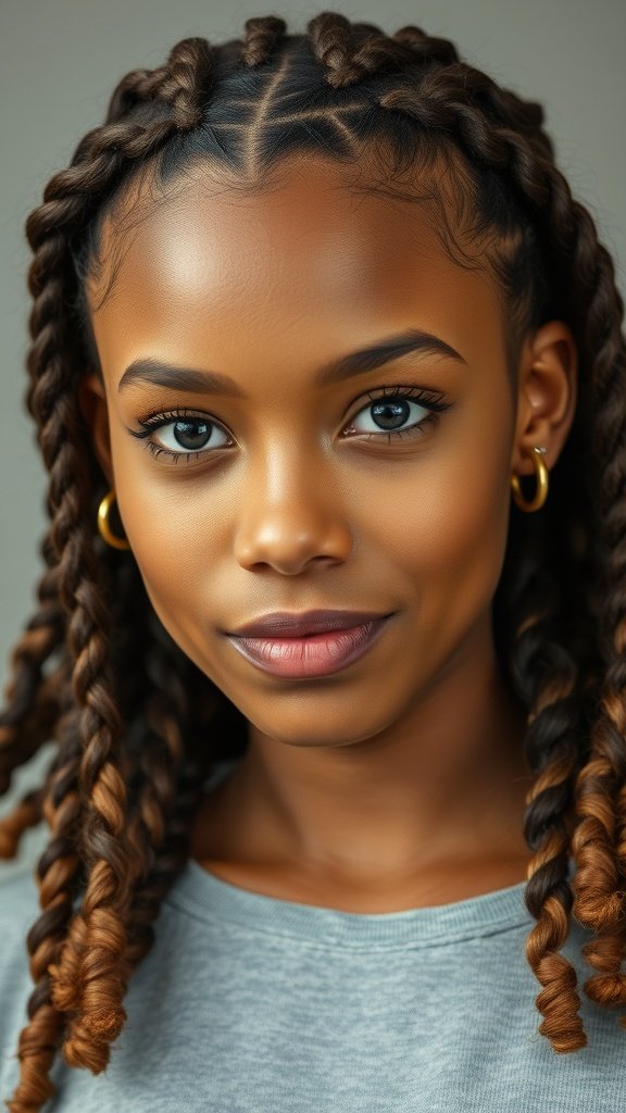 A close-up of a person with knotless braids featuring curly ends and a middle part, showcasing a stylish and elegant look.