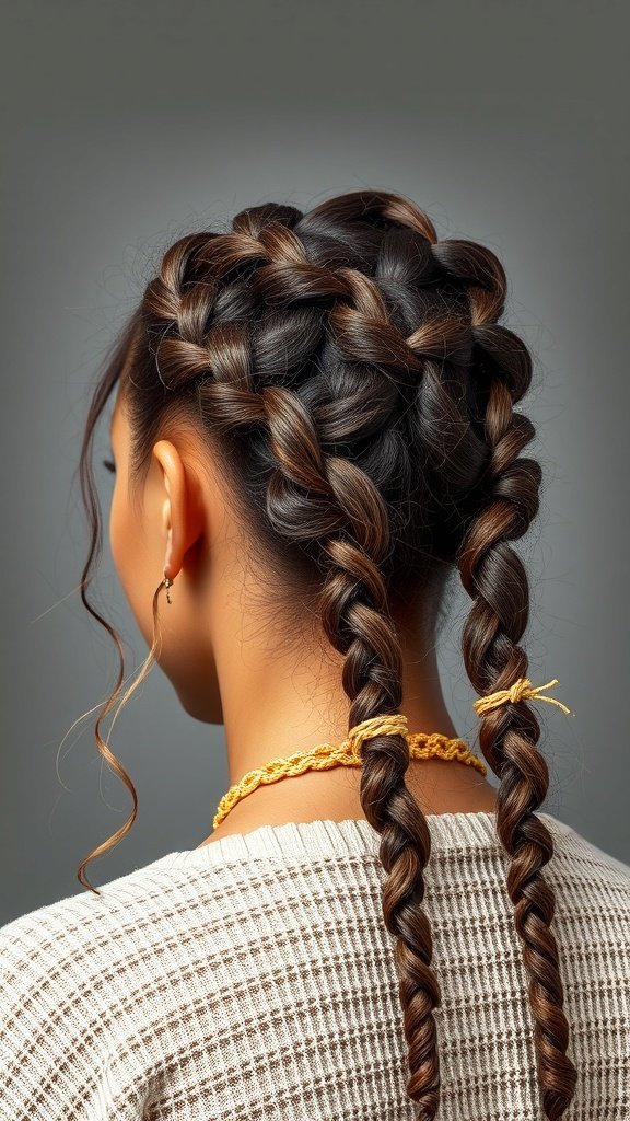 A close-up view of a woman with knotless braids that have curly ends, styled with yellow braid ties.