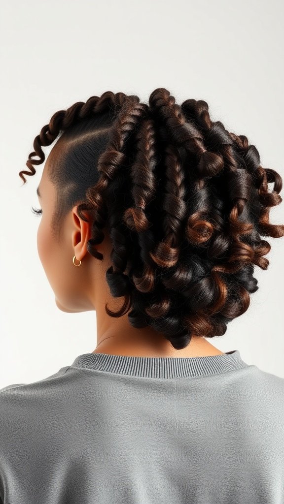 A close-up view of a woman's back with knotless braids featuring curly ends, showcasing a natural and stylish look.