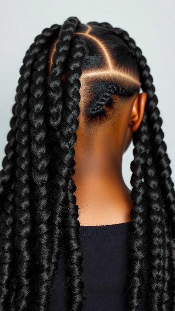 A close-up view of knotless braids with curly ends styled in a sleek back design.