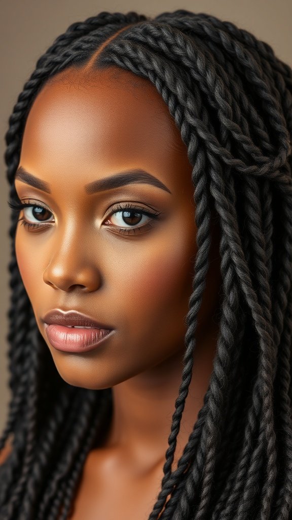 Close-up of a person with knotless braids featuring curly ends, showcasing a sleek finish.