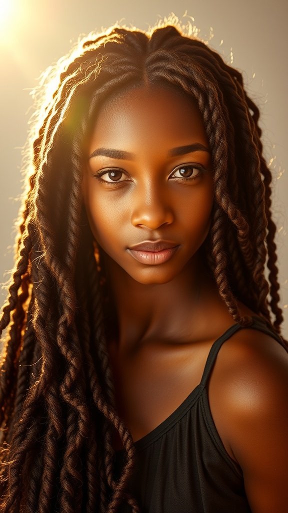 A close-up of a person with knotless braids featuring curly ends, illuminated by soft lighting.