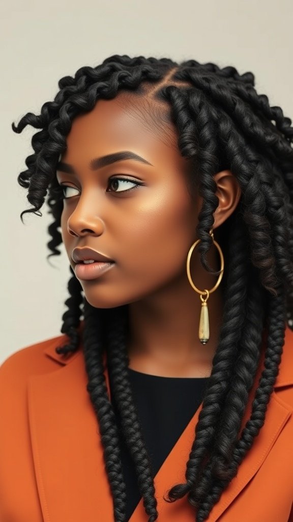 A woman with knotless braids featuring curly ends, wearing a statement gold earring.