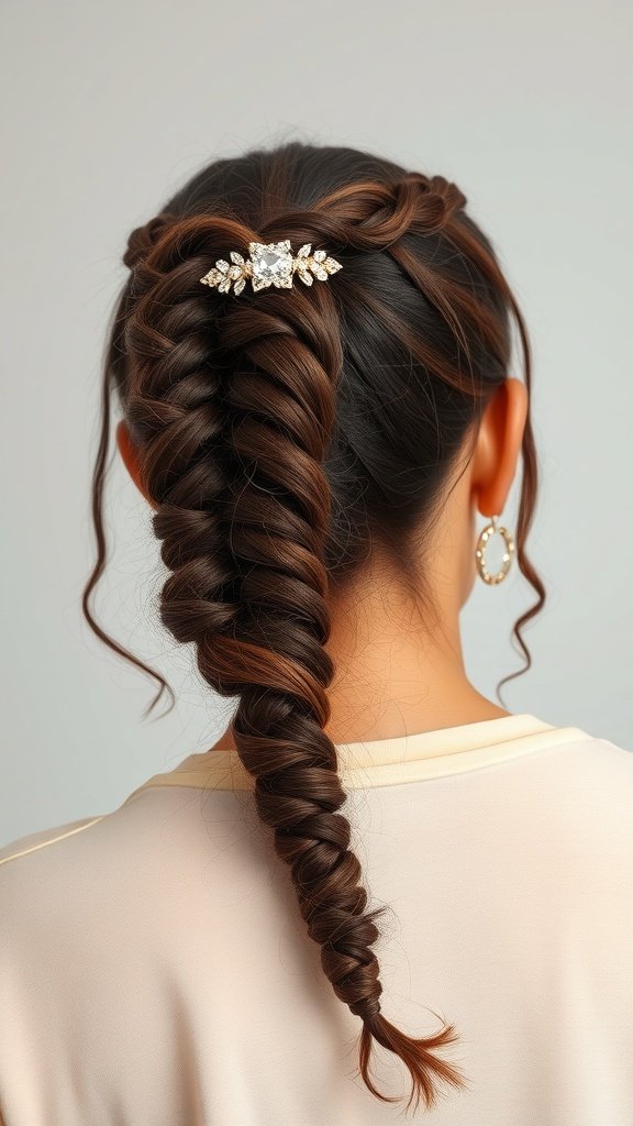 A woman with knotless braids featuring curly ends, adorned with a decorative hairpin.