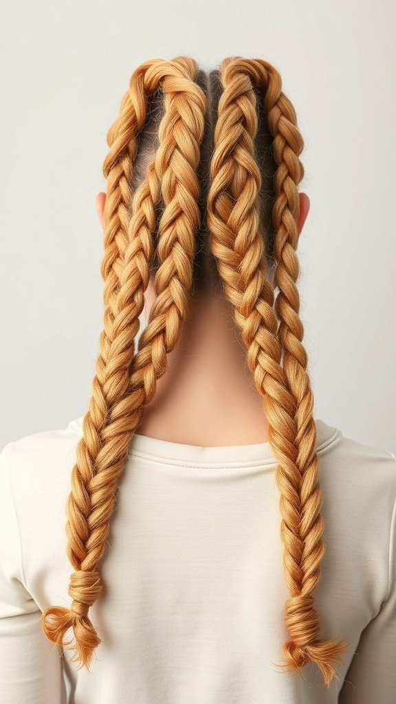 Two knotless braids with curly ends and a subtle ombre effect