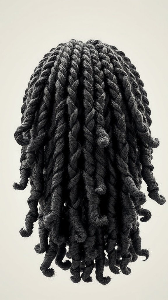 A close-up view of knotless braids with curly ends, showcasing a textured finish.