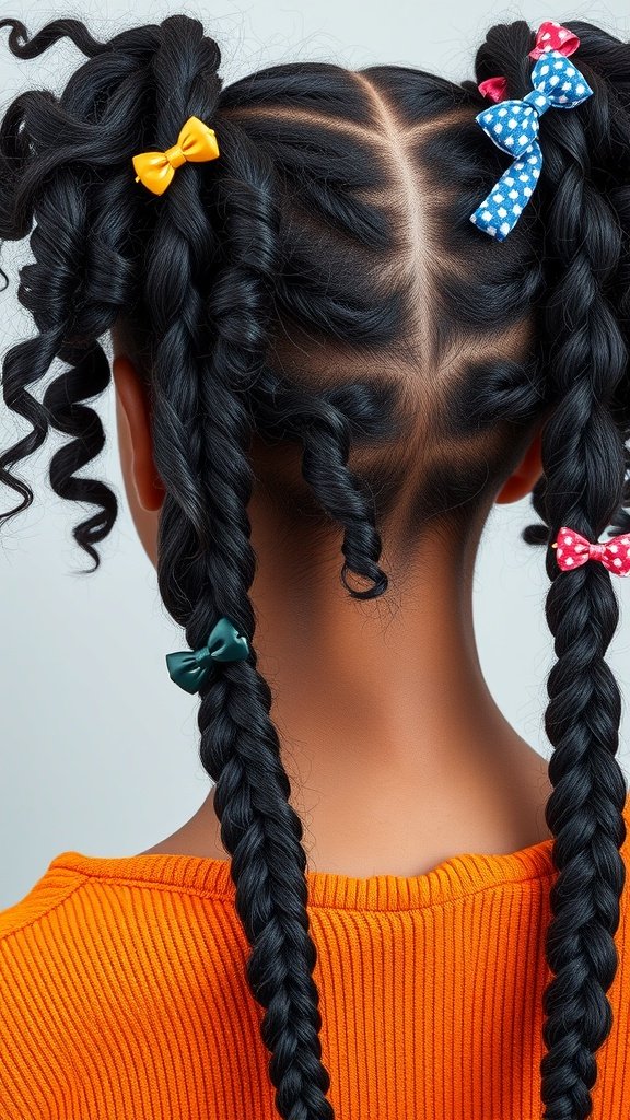 A hairstyle featuring knotless braids with curly ends, adorned with colorful bows.