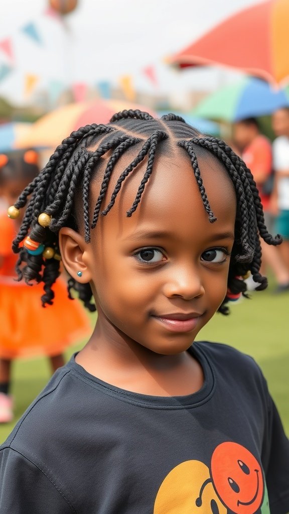 A young girl with knotless braids and curly ends adorned with colorful beads.