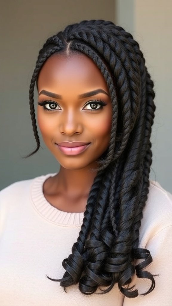 A woman with knotless braids featuring curly ends and face-framing layers, showcasing a stylish and chic look.