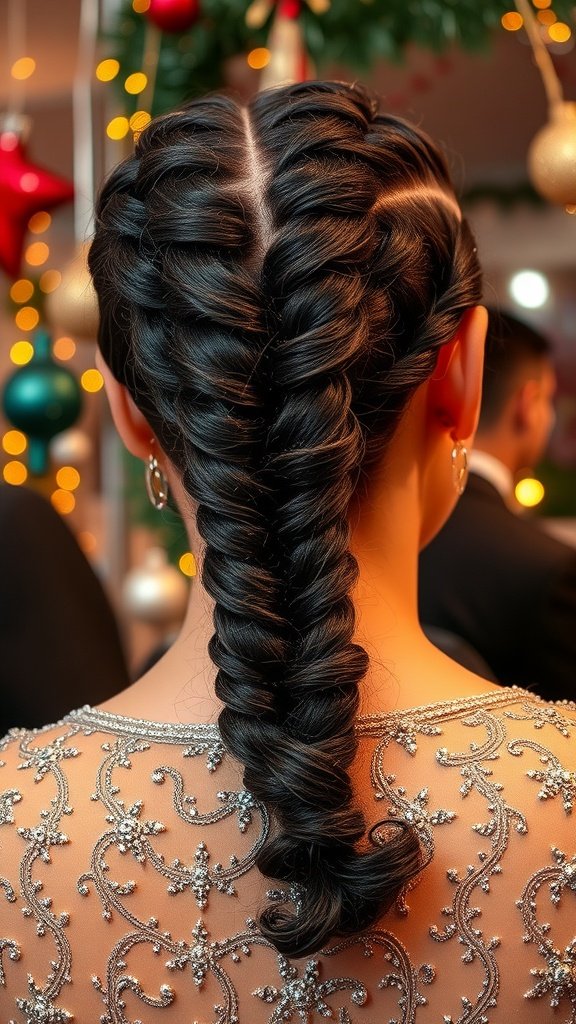 A close-up view of a woman's back hairstyle featuring knotless braids with curly ends and a glittery outfit.