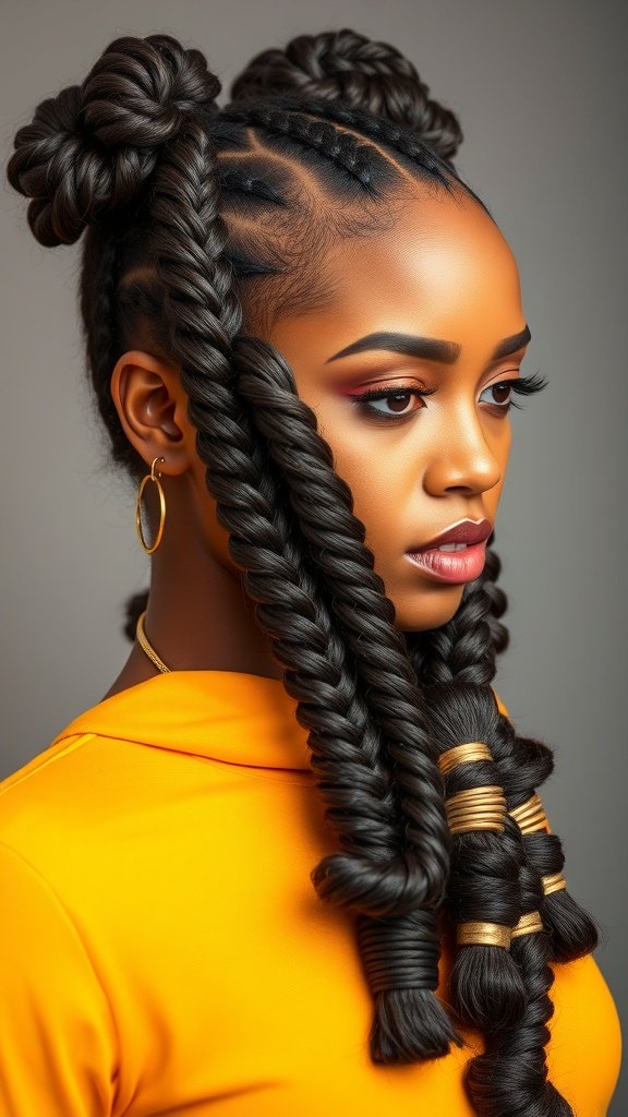 A model showcasing knotless braids with curly ends and gold accessories.